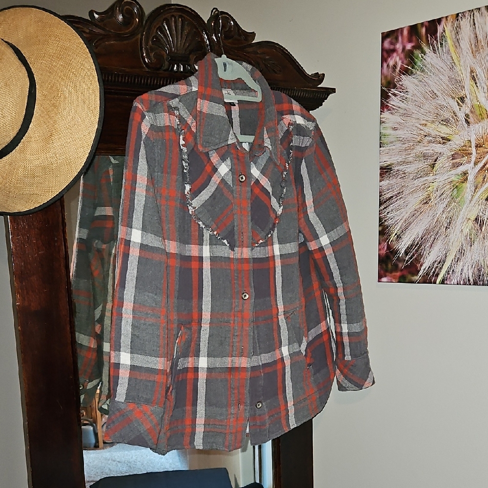 CAbi Gray and Red Plaid Shirt